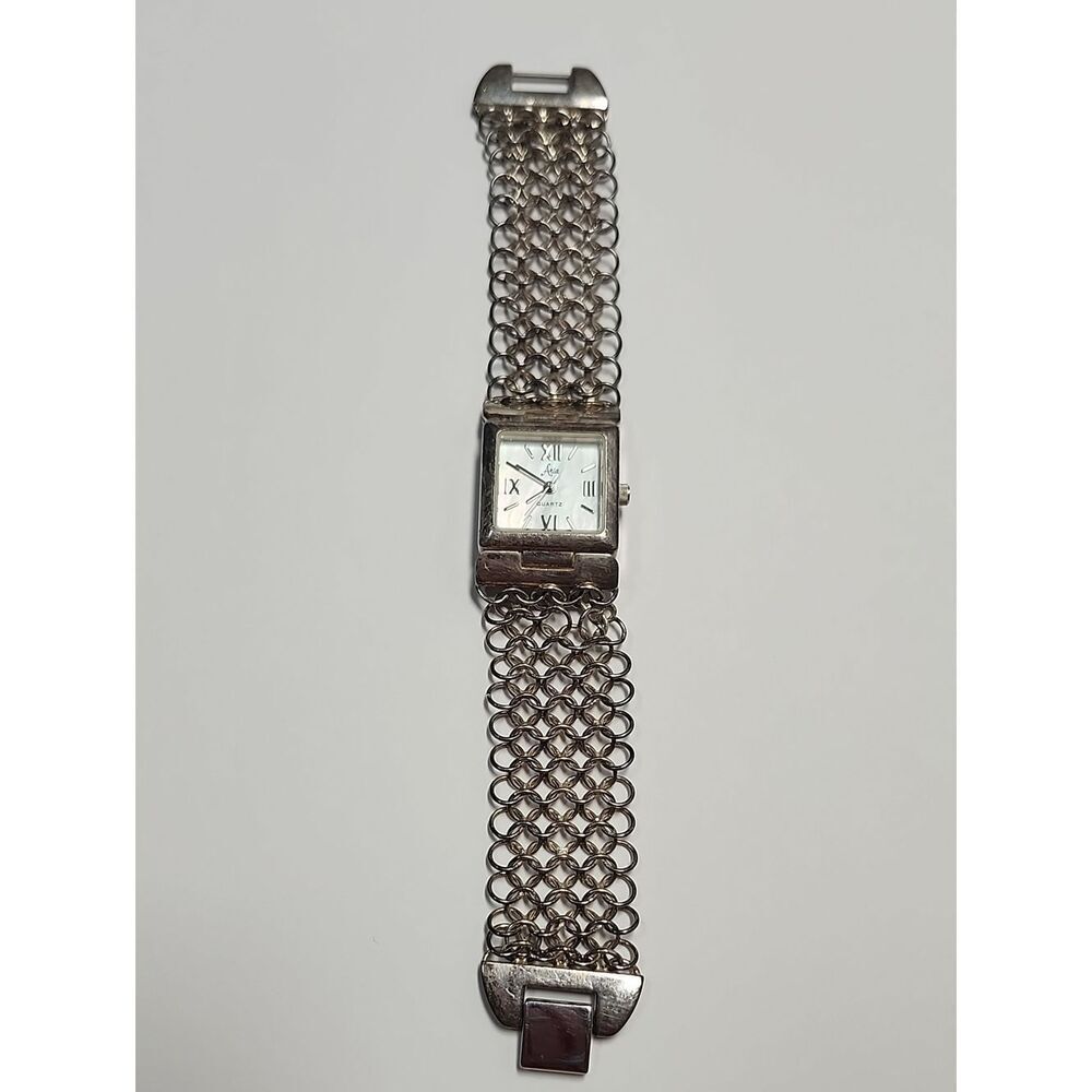 Vintage Aria Sterling Silver Wrist Watch With Mesh Bracelet Band
